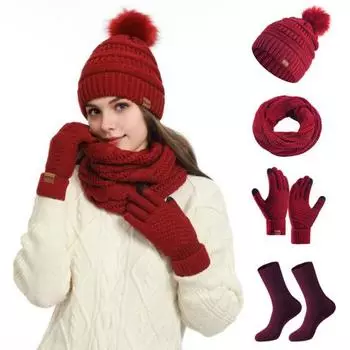 4 шт./комплект, женская зимняя шапка, шарф, перчатки, носки, комплект, толстая плюшевая вязаная теплая шапка, перчатки для сенсорного экрана, эластичная защита ушей, ветрозащитная зимняя одежда для отдыха на открытом воздухе розовый