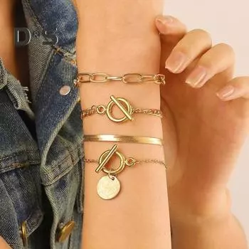 4 шт./комплект женский браслет в стиле хип-хоп цепочка из змеиной кости полая круглая цепочка с подвеской регулируемый золотистый цвет полированный комплект из 4 предметов комплект наручных украшений 1