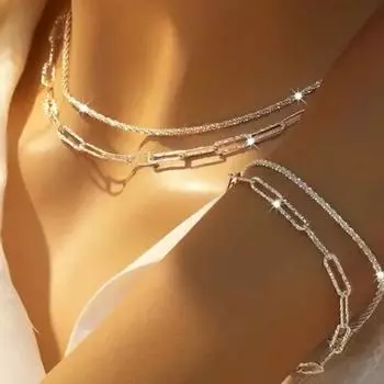 4 шт./комплект женский комплект ювелирных изделий двухслойное ожерелье и браслет ажурная цепочка мерцающая поверхность регулируемая длина шея запястье украшения 1 Set