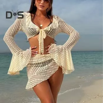 4 шт./комплект женский сексуальный купальник бюстгальтер на шее с трусиками на шнуровке комплект с оборками пляжный стиль длинный рукав накидка топ юбка комплект S кофейный