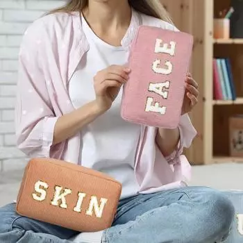 4 шт. косметичка с вышитыми буквами, большая вместимость, застежка-молния, продолговатая форма