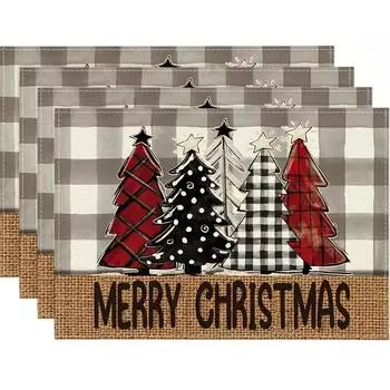 4 шт., льняная подставка для столовых приборов, рождественский коврик для стола, зимняя тема, сезонный теплоизоляционный коврик в клетку с узором рождественской елки в клетку буйвола A