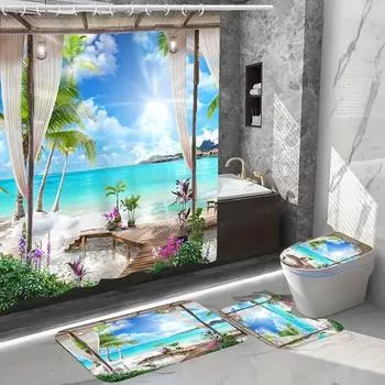 4 шт., летняя пляжная занавеска для душа, нескользящий коврик для ванной комнаты, U-образный коврик для унитаза и крышка унитаза, декор для ванной комнаты 4Pcs