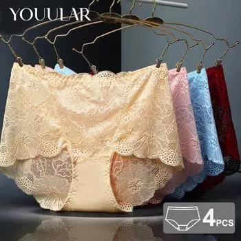 4 шт./лот, дышащие сексуальные кружевные полые женские трусики со средней и высокой талией, большие размеры, толстые M