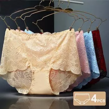 4 шт./лот, дышащие сексуальные кружевные полые женские трусики со средней и высокой талией, большие размеры, толстые M