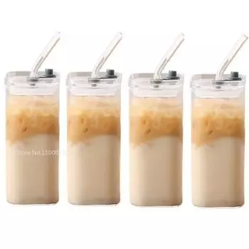 4 шт./лот квадратная термостойкая стеклянная чашка для кофе с крышкой и трубочкой прозрачная чашка для молока и сока кружка для кофе для домашнего бара посуда для напитков 350ml