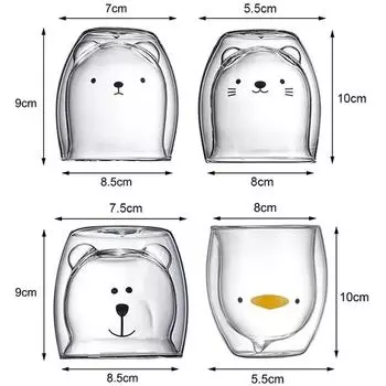 4 шт./лот симпатичные стеклянные кружки с двойными стенками кружка медведь кошка животное двухслойная стеклянная кружка для чая молоко кофейная чашка рождественские подарки на день рождения 250ml