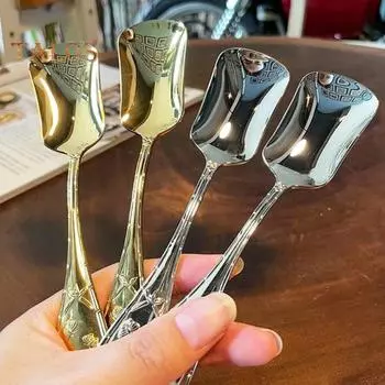 4 шт. ложки для мороженого из нержавеющей стали в стиле ретро с квадратной головкой, десертная кофейная лопатка, сорбет, йогурт, торт, желе, набор сервировочной посуды, кухонный гаджет золотистый