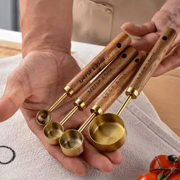 4 шт. мерная ложка с деревянной ручкой пищевой класс без BPA полированная поверхность многоразовый мерный стаканчик набор инструментов для приготовления пищи S золотистый