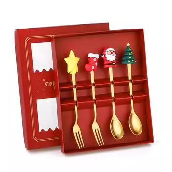4 шт. Металлические рождественские ложки, кофейная ложка, столовые приборы, украшения для рождественской вечеринки, кухонные принадлежности, подарки на Новый год 2025