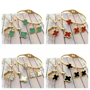 4 шт. мода титановая сталь не выцветает счастливый клевер Beimu ювелирные изделия комплект из четырех частей ожерелье браслет кольцо гвоздь 4PCS красный