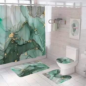 4 шт. Мраморная занавеска для душа с 12 крючками Нескользящий коврик для ванной комнаты Полный набор декора для ванной комнаты с накладкой на крышку унитаза и ковриком U-образной формы 4Pcs