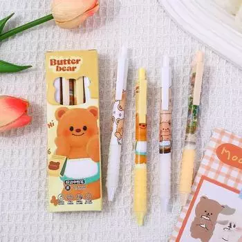 4 шт. мультяшная кавайная гелевая ручка Butter Bear, милая, быстросохнущая, нажимающая, нейтральная, эстетическая канцелярия, школьные принадлежности