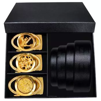 4 шт., мужские черные ремни из натуральной кожи с 3 металлическими автоматическими пряжками, ремни в штучной упаковке, мужские подарки 110cm/43in чёрный