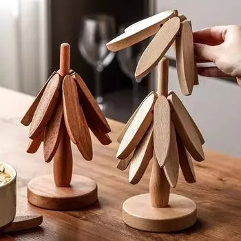 4 шт. Набор деревянных подставок под горячее в виде дерева, подставка под тарелку, коврик для стола, антиожоговый коврик для кофе, декоративная подставка для горячих кастрюль и сковородок 10x22.5cm