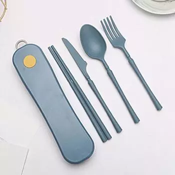 4 шт. Набор столовых приборов из пшеничной соломы, портативная посуда, нож, вилка, ложка, палочки для еды, экологически чистые столовые приборы для путешествий и отдыха на открытом воздухе, утварь синий