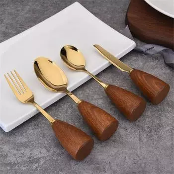 4 шт./набор столовых приборов с деревянной ручкой, позолоченные вилки для западной кухни, ложки для вечеринок, кухня