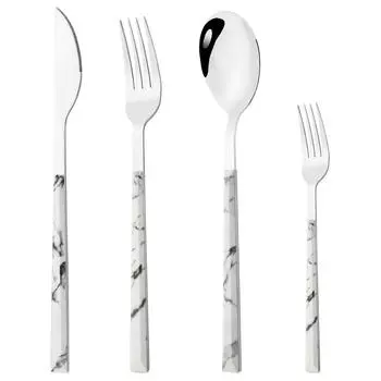 4 шт. набор столовых приборов с имитацией деревянной ручки, столовая посуда из нержавеющей стали, нож, вилка, ложка, серебро, вечерние кухонные столовые приборы белый