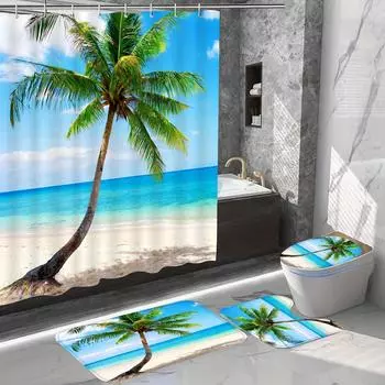 4 шт. Набор занавесок для душа Красивый пляж Кокосовая пальма Летний остров Тропический узор Нескользящие коврики Крышка унитаза и коврик для ванной Набор декора для ванной комнаты Beach Resort Style