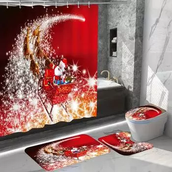 4 шт., набор занавесок для душа «Рождественские сани», декоративный набор для ванной комнаты, включая водонепроницаемую занавеску для душа, нескользящий ковер C