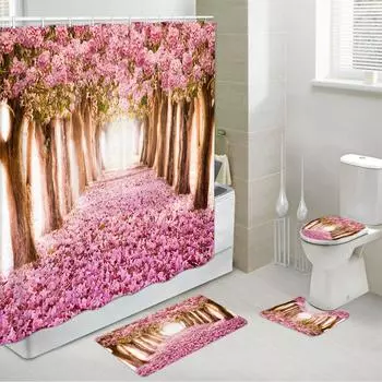 4 шт., набор занавесок для душа с розовым цветком вишни, наборы для ванной комнаты, коврики с нескользящим ковриком для ванной, крышка унитаза и U-образный коврик 4Pcs