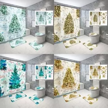 4 шт., набор занавесок для душа с надписью «Рождественская елка», декоративный набор для ванной комнаты, нескользящий ковер, чехол для унитаза, коврик для ванной и 12 крючков