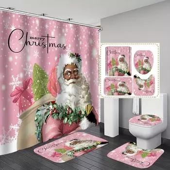 4 шт., набор занавесок для душа Санта-Клауса, водонепроницаемая занавеска для душа с 12 крючками, подложка, коврик для ванной комнаты, U-образный коврик для унитаза, накладка на крышку унитаза 4Pcs