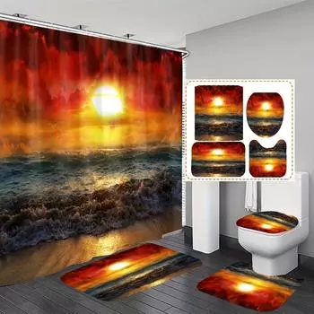 4 шт., набор занавесок для душа Sunrise Beach, набор для ванной комнаты, коврики с нескользящим ковриком для ванной, крышка унитаза и U-образный коврик 4Pcs