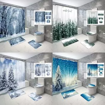 4 шт., набор занавесок для душа «Зимний лес», декоративный набор для ванной комнаты, водонепроницаемый нескользящий ковер, чехол для унитаза, коврик для ванной, 12 крючков