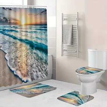 4 шт., наборы занавесок для душа с узором морской волны для ванной комнаты, нескользящие коврики для ванной комнаты, крышка для унитаза, коврик для ванной, набор для ванной комнаты 4Pcs