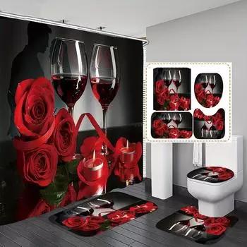 4 шт., наборы занавесок для душа с красной розой и вином для ванной комнаты, нескользящие коврики для ванной комнаты, крышка для унитаза, коврик для ванной 4Pcs