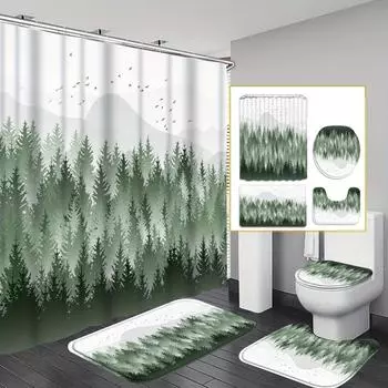 4 шт., наборы занавесок для душа с лесами и горами для ванной комнаты, нескользящие коврики для ванной комнаты, крышка для унитаза, коврик для ванной 4pcs-Full Set