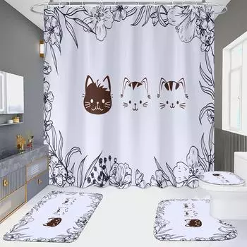 4 шт., наборы занавесок для душа с милым котом для ванной комнаты, нескользящие коврики для ванной комнаты, крышка для унитаза, коврик для ванной 4Pcs