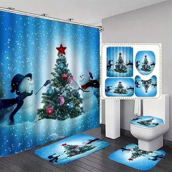 4 шт., наборы занавесок для душа с Рождеством для ванной комнаты, нескользящие коврики для ванной комнаты, крышка для унитаза, коврик для ванной, набор для ванной комнаты 4PCS