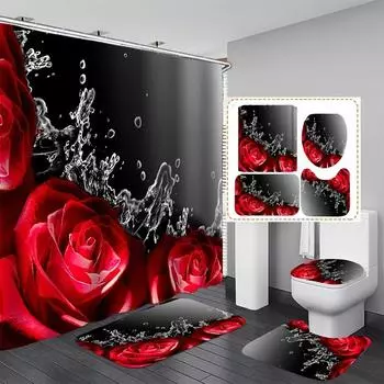 4 шт., наборы занавесок для душа с красной розой для ванной комнаты, нескользящие коврики для ванной комнаты, крышка для унитаза, коврик для ванной 4Pcs