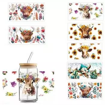 4 шт., наклейка для обертывания чашек, наклейка-перенос, хайлендская корова, цветочный подсолнух, бабочка, хайлендская корова, принт коровы, наклейка-переноска, подарки для друзей 4 pcs