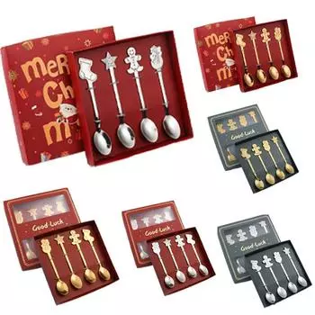 4 шт. Нержавеющая сталь Рождественский подарок Ложка Вилка Набор Совок Вилка для фруктов Кофейная ложка Набор столовых приборов Рождественская елка Украшения Десерт