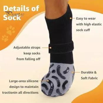 4 шт. нескользящие носки для собак с силиконовыми захватами, предотвращающими облизывание лап, регулируемый ремешок, дышащие, водонепроницаемые, эластичные носки для собак, захватывающие пол из твердой древесины XS чёрный