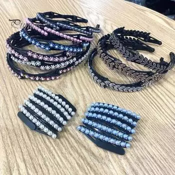 4 шт. обручи для волос, выдвижные повязки карманного размера, противоскользящие, с зубчатым дизайном, растягивающиеся стразы, цветочный декор, обруч для волос, аксессуары для волос A