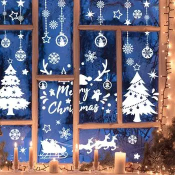 4 шт. однотонная наклейка на окно, рождественские огни, сосновые сани, олень, стеклянная наклейка, украшение для дома, двухсторонняя печать, статическая наклейка на окно