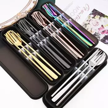 4 шт., палочки для еды, ложка, вилка с коробкой, наборы столовой посуды из нержавеющей стали 304, портативный дорожный набор столовых приборов, посуда, кухонная утварь серебряный