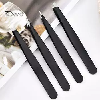 4 шт. пинцета для бровей из нержавеющей стали с чехлом из искусственной кожи, плоский скошенный кончик, прецизионный пинцет для удаления волос на лице и носу, женские инструменты для макияжа чёрный