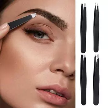4 шт. пинцета для бровей из нержавеющей стали с чехлом из искусственной кожи, плоский скошенный кончик, прецизионный пинцет для удаления волос на лице и носу, женские инструменты для макияжа чёрный