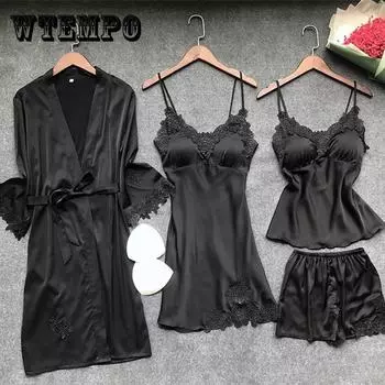 4 шт. пижамный комплект из ледяного шелка с подкладкой, ночная рубашка + кардиган + короткий комплект, кружевная сексуальная пижама для женщин M чёрный