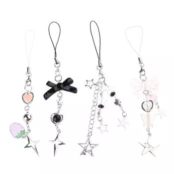 4 шт., подвеска со звездой и бантом, подвеска для телефона, веревка, милый ремешок-цепочка для телефона, украшение для сумки, ремешок, брелок, аксессуар розовый