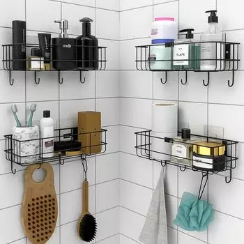 4 шт. Полка для ванной из нержавеющей стали для стены | Самоклеящийся органайзер для ванной | 4 крючка для держателя полотенец | Компактная настенная полка для ванной