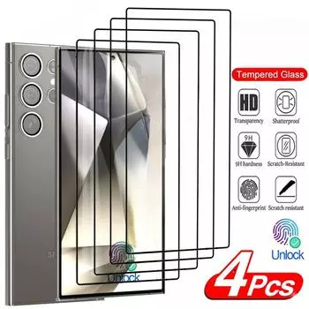 4 шт. полностью закаленное стекло для Samsung Galaxy S24 Ultra S23 FE S22 S21 Plus защитное стекло для экрана с функцией разблокировки отпечатков пальцев Note 8 чистый