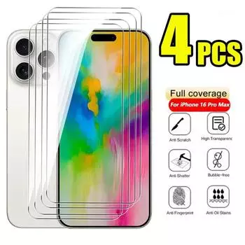 4 шт. Премиум закаленное стекло для iPhone 16 15 14 13 Pro Max 16 14 15 Plus Защитная пленка для экрана с защитой от царапин Прозрачная HD полноэкранная стеклянная пленка iphone 16 Pro Max белый