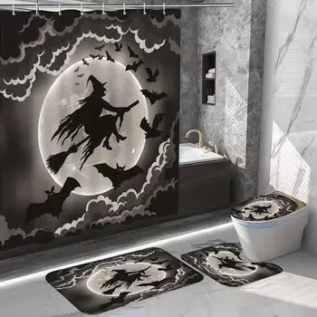 4 шт. Призрачный черный, серый, Хэллоуин, метла, наборы занавесок для душа, водонепроницаемые для ванной комнаты, нескользящие коврики для ванной комнаты, крышка для унитаза, коврик для ванной 4Pcs