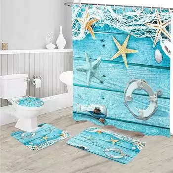 4 шт. прочный набор занавесок для душа в морском стиле с 12 крючками-водостойкие коврики для ванной комнаты и аксессуары для прибрежной ванной комнаты 4Pcs